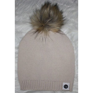 Womens Fur Pom Pom RW Beanie  Tan Knit Ski Knit Cap Hats Winter Outdoor New